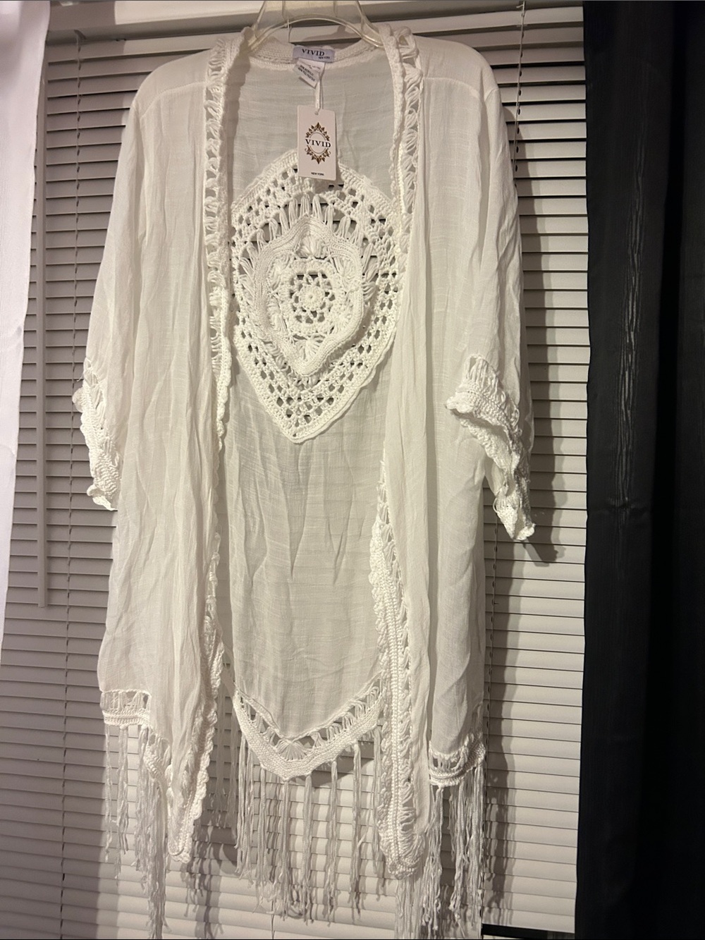 Vivid Crochet Fringe Kimono Cover-Up in White
